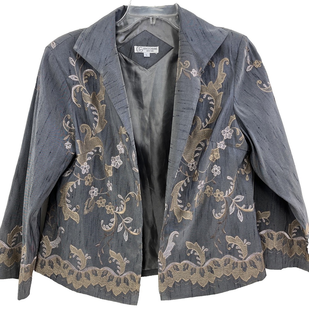 Grace Chuang New York Jacket Blazer Size L Vintage Silk Blend Gray Floral - Picture 3 of 10